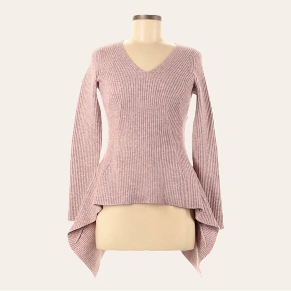 Sies Marjan XLV Marled Pink Ribbed Knit Peplum Pullover Sweater V-Neck XS - Picture 2 of 9